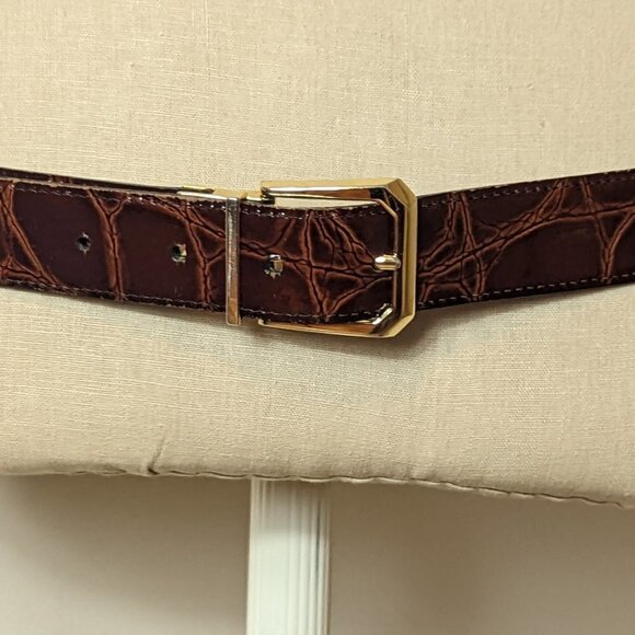 Leather Croc Embossed Reversible 2 in 1 Belt Gold Tone Academia‎ Preppy main image 5